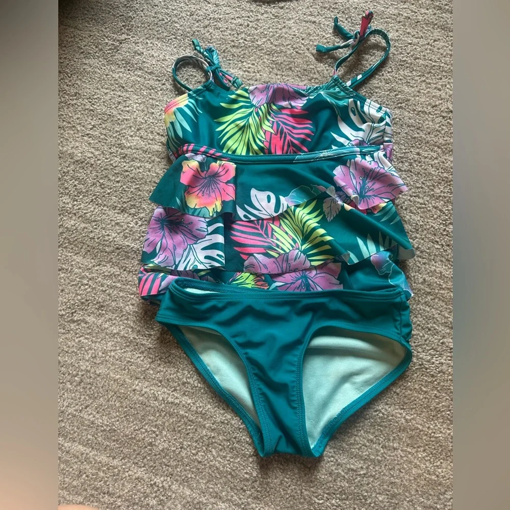 Justice Teal and Pink Floral Kids Bikini
